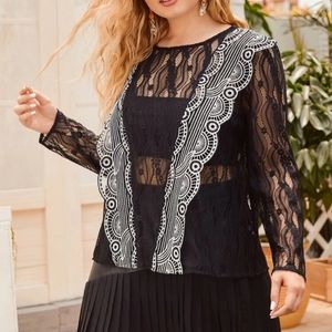 SHEIN Plus contrast panel sheer lace top